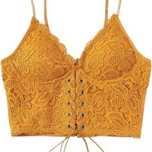 Women's Eyelet Lace Up Sleeveless Spaghetti Strap Zip Back Crop Cami Top